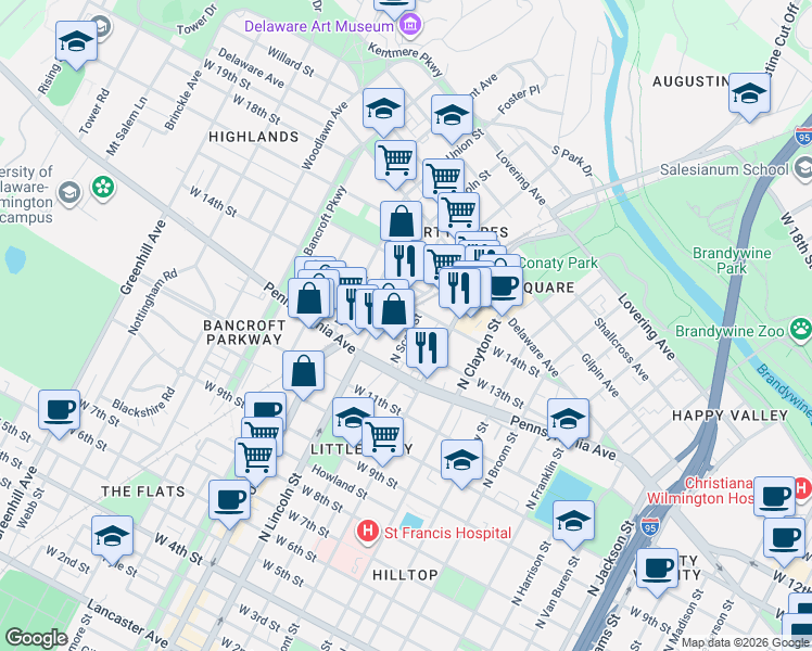 map of restaurants, bars, coffee shops, grocery stores, and more near 1207 North Scott Street in Wilmington