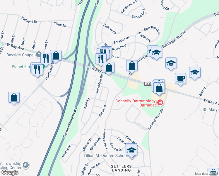map of restaurants, bars, coffee shops, grocery stores, and more near 15 Robin Lane in Barnegat Township