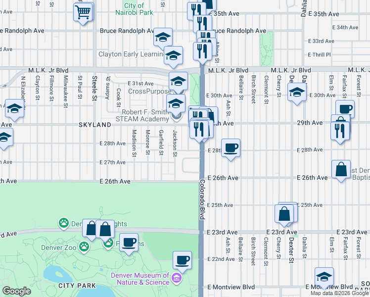 map of restaurants, bars, coffee shops, grocery stores, and more near 3983 Haddon Road in Denver