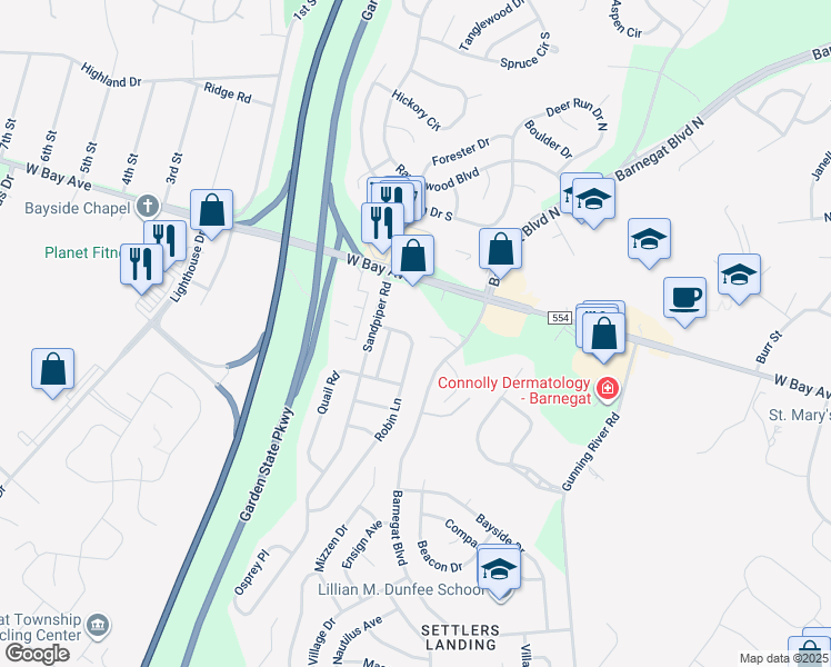 map of restaurants, bars, coffee shops, grocery stores, and more near 15 Robin Lane in Barnegat Township