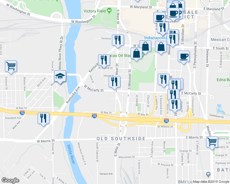 map of restaurants, bars, coffee shops, grocery stores, and more near 802 South West Street in Indianapolis