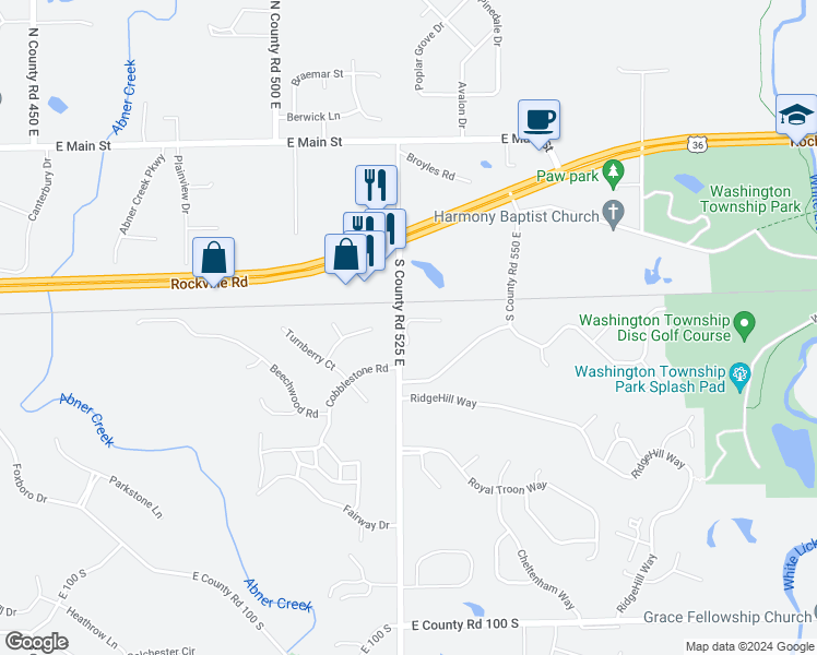 map of restaurants, bars, coffee shops, grocery stores, and more near 5269 Villa Court in Avon