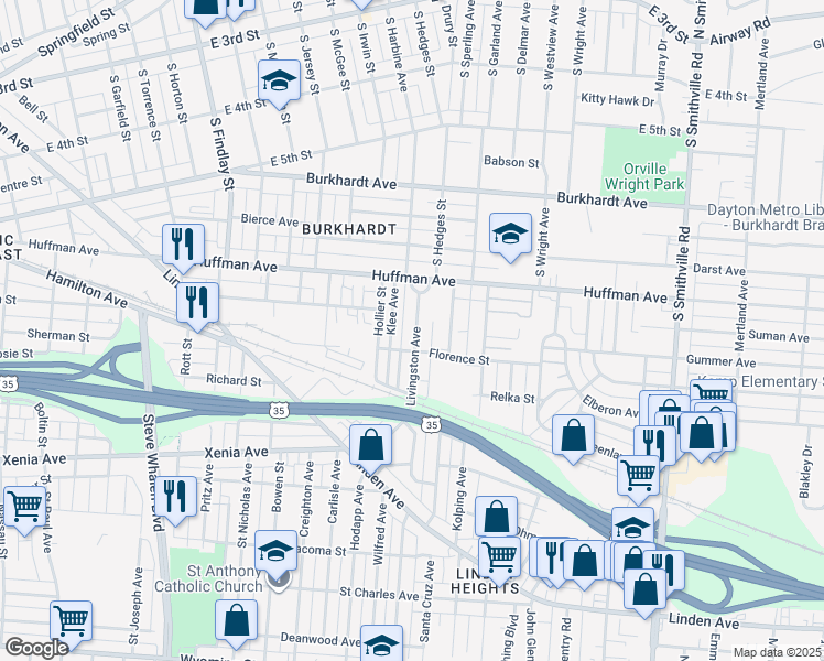 map of restaurants, bars, coffee shops, grocery stores, and more near 1205 Florence Street in Dayton