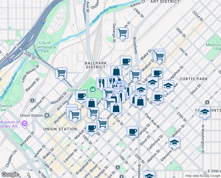 map of restaurants, bars, coffee shops, grocery stores, and more near 2229 Blake Street in Denver