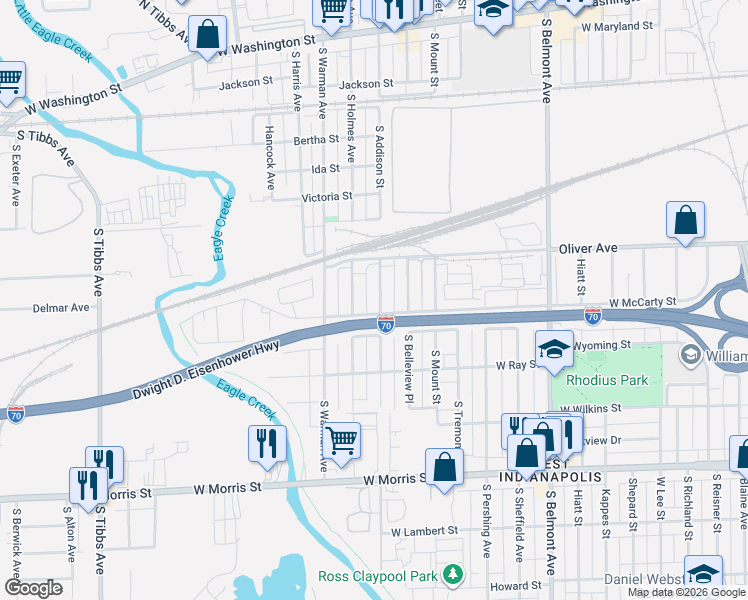 map of restaurants, bars, coffee shops, grocery stores, and more near 749 South Holmes Avenue in Indianapolis