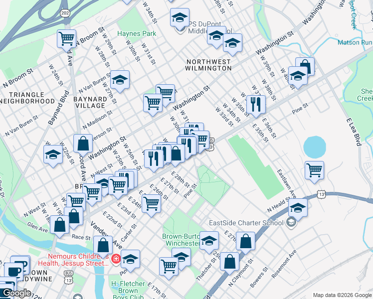 map of restaurants, bars, coffee shops, grocery stores, and more near 3001 North Market Street in Wilmington