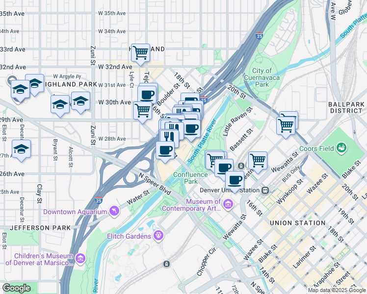 map of restaurants, bars, coffee shops, grocery stores, and more near 1550 Platte Street in Denver