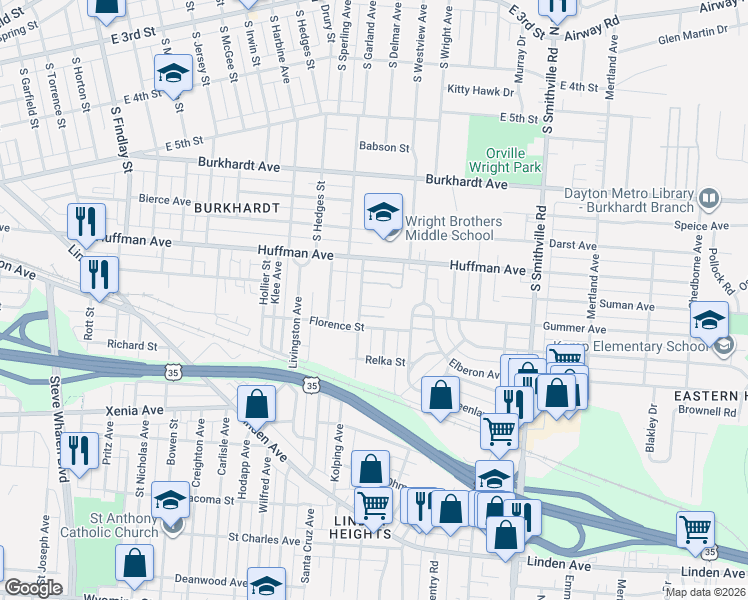 map of restaurants, bars, coffee shops, grocery stores, and more near 1347 Florence Avenue in Dayton