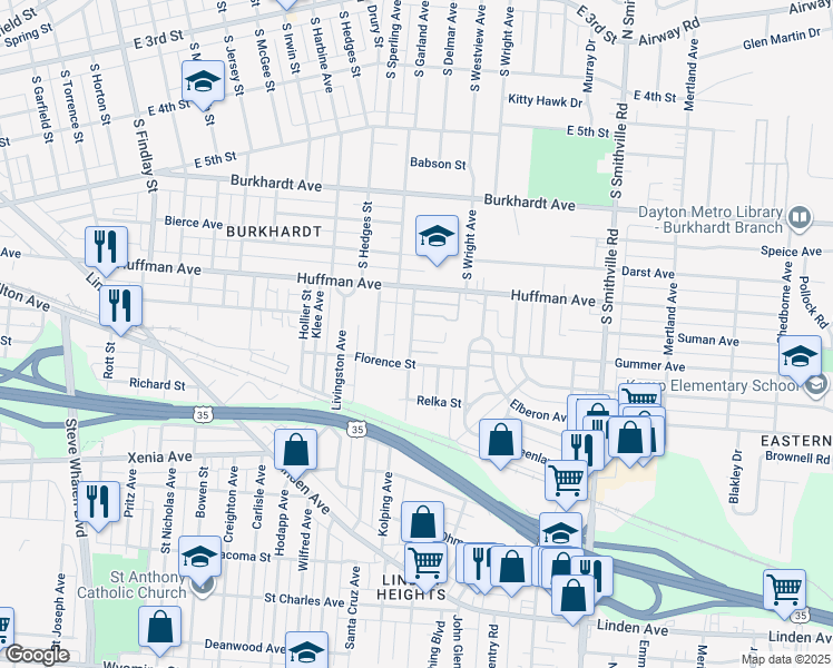 map of restaurants, bars, coffee shops, grocery stores, and more near 1347 Florence Avenue in Dayton