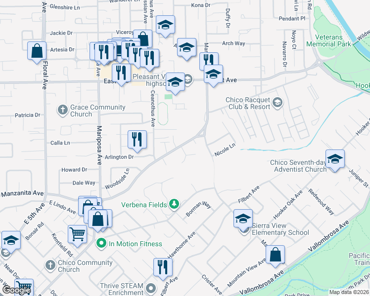 map of restaurants, bars, coffee shops, grocery stores, and more near 1471 Manzanita Avenue in Chico
