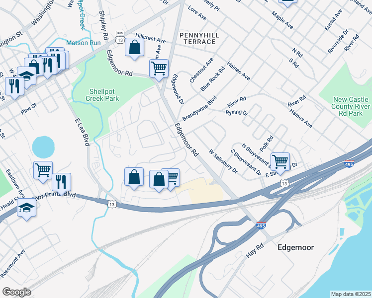 map of restaurants, bars, coffee shops, grocery stores, and more near 168 Paladin Drive in Wilmington