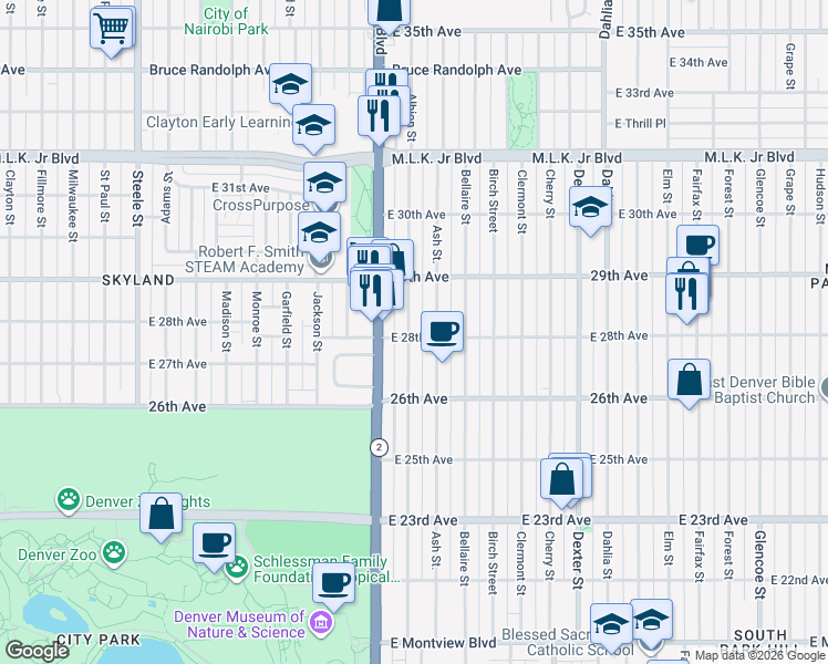 map of restaurants, bars, coffee shops, grocery stores, and more near 2800 Albion Street in Denver
