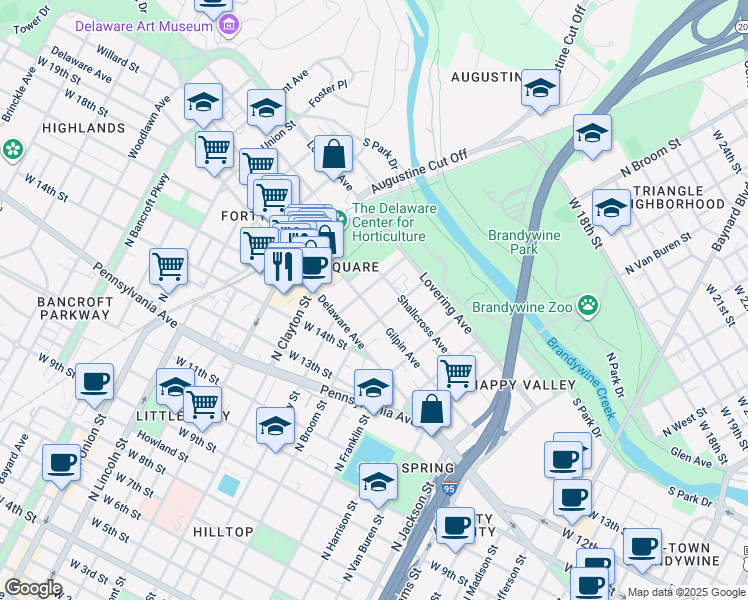 map of restaurants, bars, coffee shops, grocery stores, and more near 1401 Gilpin Avenue in Wilmington