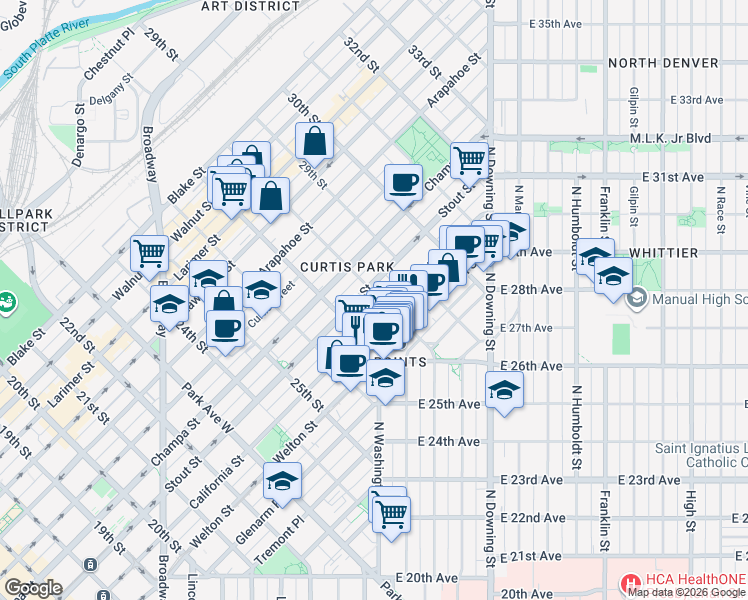 map of restaurants, bars, coffee shops, grocery stores, and more near 719 27th Street in Denver