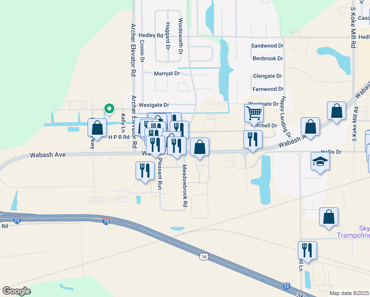 map of restaurants, bars, coffee shops, grocery stores, and more near 2970 Meadowbrook Road in Springfield
