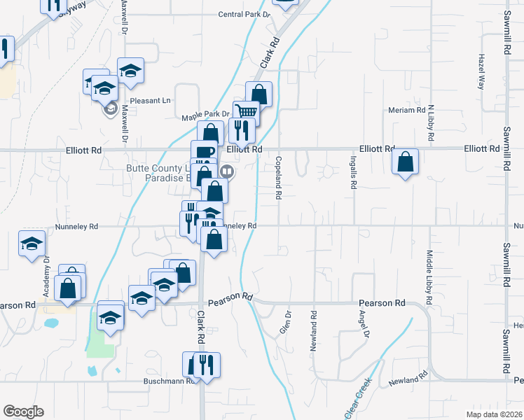 map of restaurants, bars, coffee shops, grocery stores, and more near Ida Lin Way in Paradise