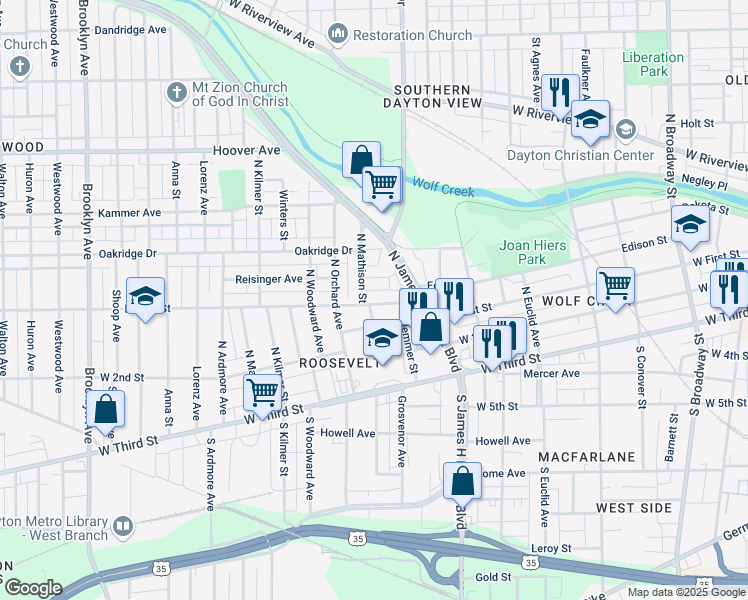 map of restaurants, bars, coffee shops, grocery stores, and more near 935 Edison Street in Dayton