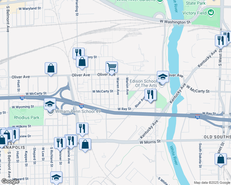 map of restaurants, bars, coffee shops, grocery stores, and more near 825 Division Street in Indianapolis