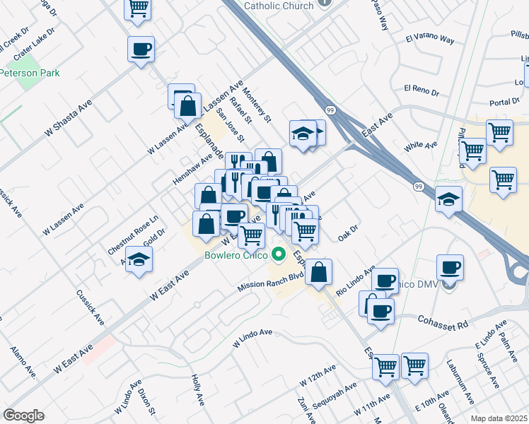 map of restaurants, bars, coffee shops, grocery stores, and more near Esplanade & W East Ave in Chico