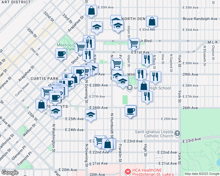 map of restaurants, bars, coffee shops, grocery stores, and more near 2715 Humboldt Street in Denver