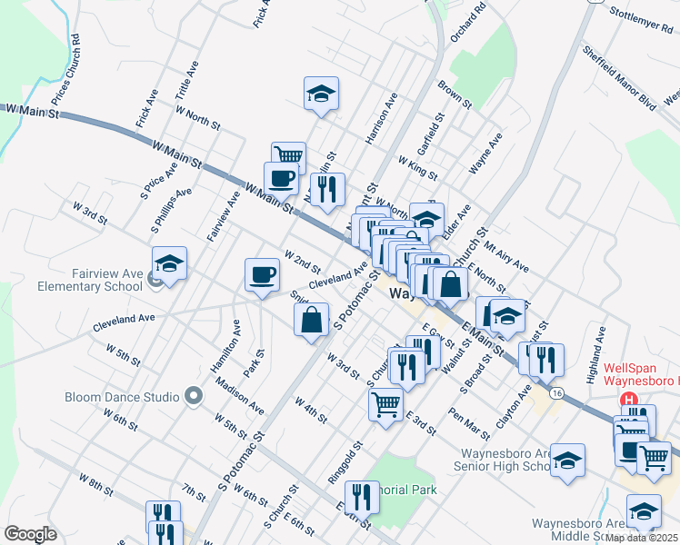 map of restaurants, bars, coffee shops, grocery stores, and more near 38 Cleveland Avenue in Waynesboro