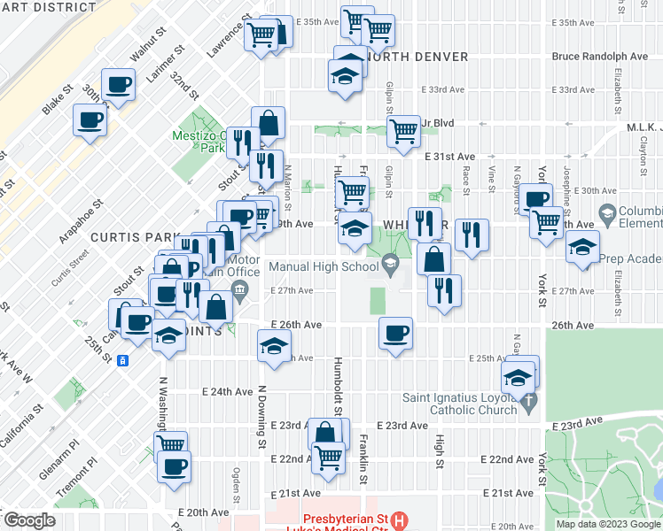 map of restaurants, bars, coffee shops, grocery stores, and more near 2755 Humboldt Street in Denver