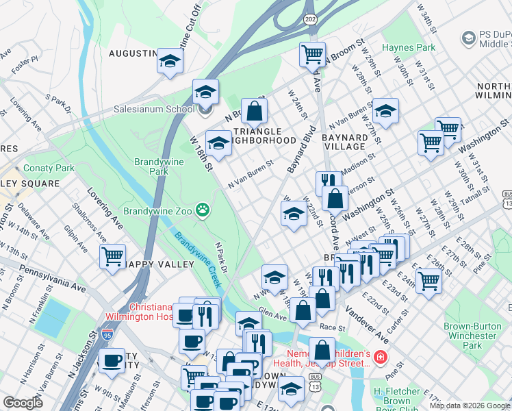 map of restaurants, bars, coffee shops, grocery stores, and more near 1807 Baynard Boulevard in Wilmington