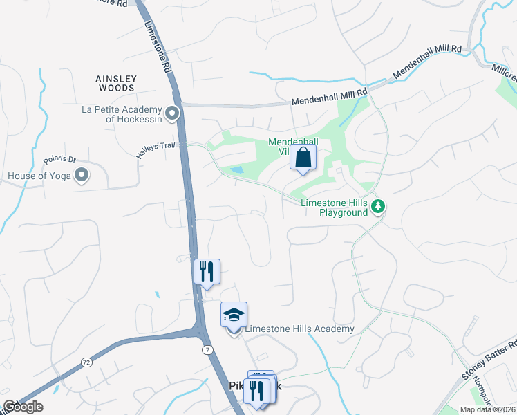 map of restaurants, bars, coffee shops, grocery stores, and more near 345 Wagon Wheel Lane in Hockessin