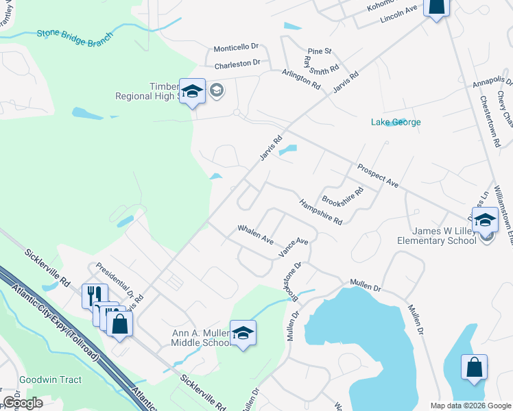 map of restaurants, bars, coffee shops, grocery stores, and more near 61 Berkshire Road in Sicklerville