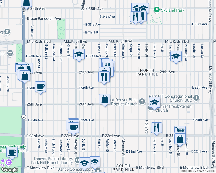 map of restaurants, bars, coffee shops, grocery stores, and more near 5151 East 28th Avenue in Denver