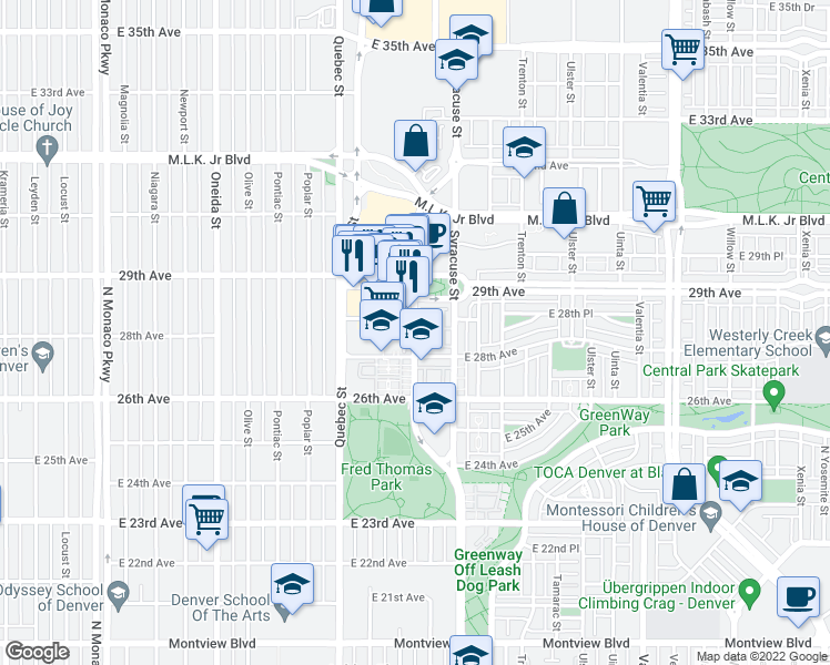 map of restaurants, bars, coffee shops, grocery stores, and more near 7484 East 28th Avenue in Denver