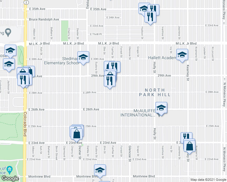 map of restaurants, bars, coffee shops, grocery stores, and more near 2672 Fairfax Street in Denver