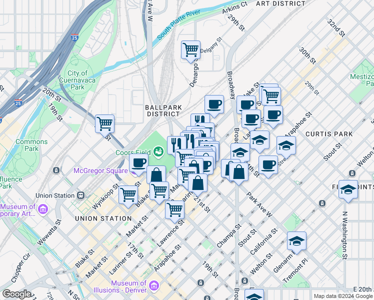 map of restaurants, bars, coffee shops, grocery stores, and more near 2200 Market Street in Denver
