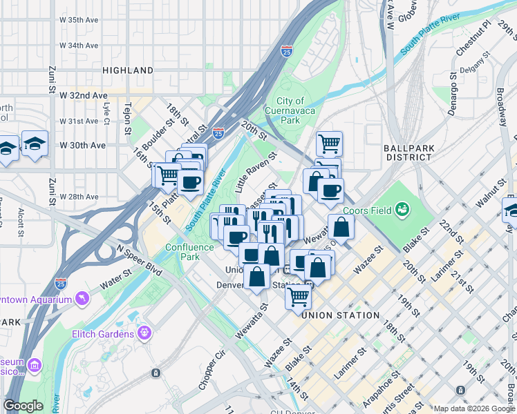 map of restaurants, bars, coffee shops, grocery stores, and more near 1700 Wewatta Street in Denver