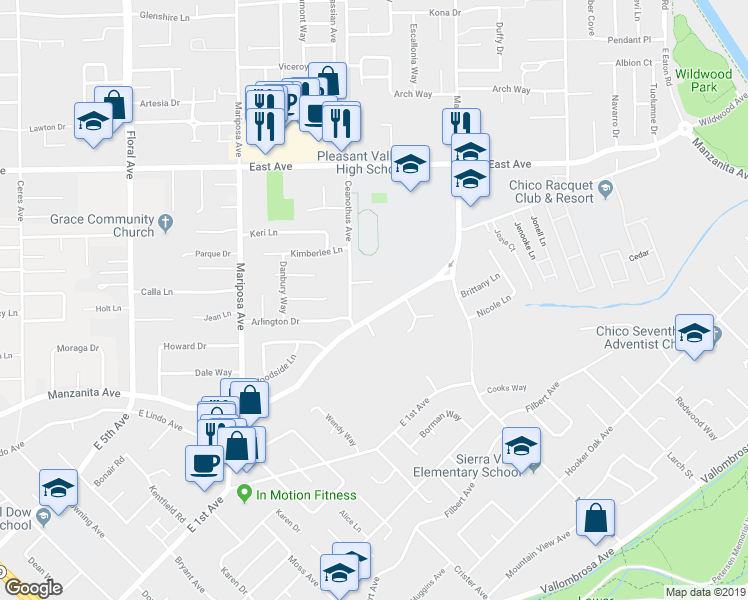 map of restaurants, bars, coffee shops, grocery stores, and more near 2210 Ceanothus Avenue in Chico