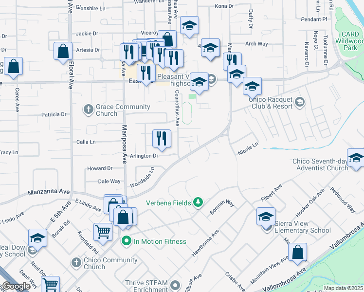 map of restaurants, bars, coffee shops, grocery stores, and more near 2210 Ceanothus Avenue in Chico