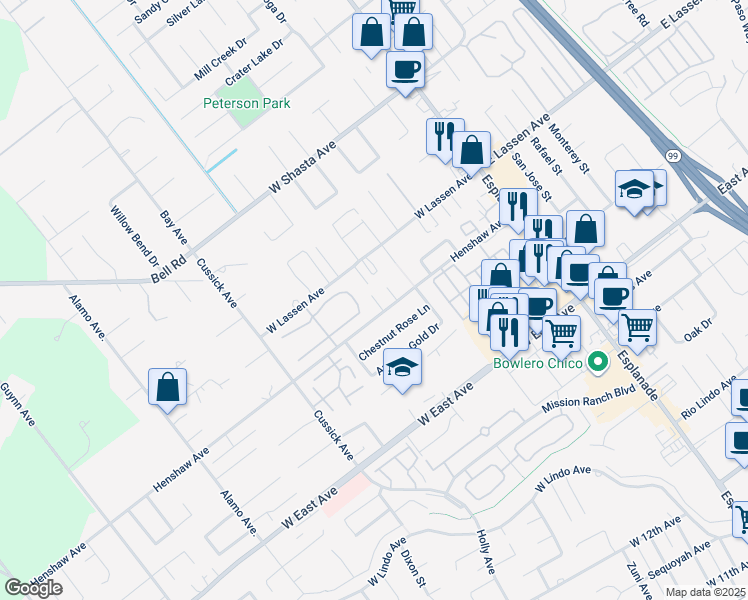 map of restaurants, bars, coffee shops, grocery stores, and more near 42 Northwood Commons Place in Chico