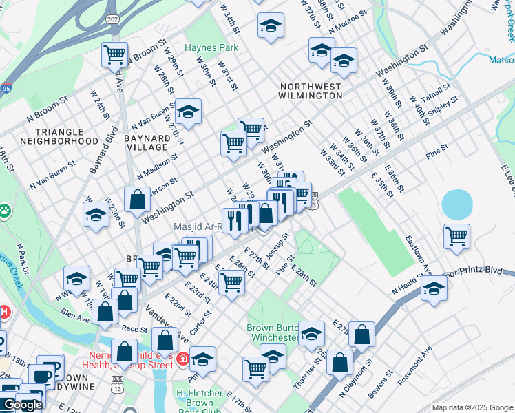 map of restaurants, bars, coffee shops, grocery stores, and more near 2813 Prestwyck Court in Wilmington