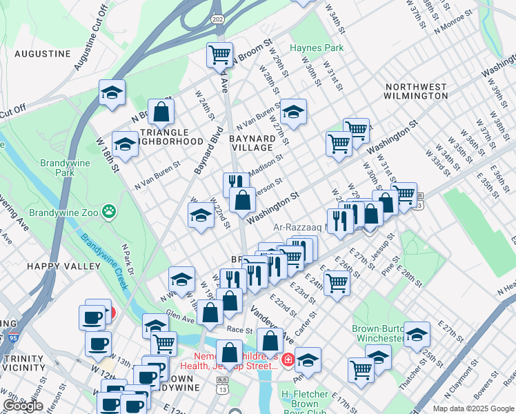 map of restaurants, bars, coffee shops, grocery stores, and more near 2312 Washington Street in Wilmington
