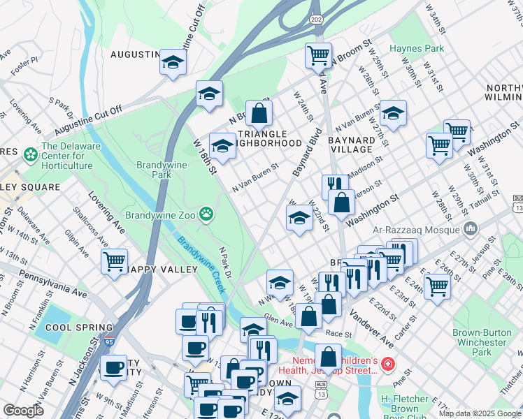 map of restaurants, bars, coffee shops, grocery stores, and more near 1807 Baynard Boulevard in Wilmington