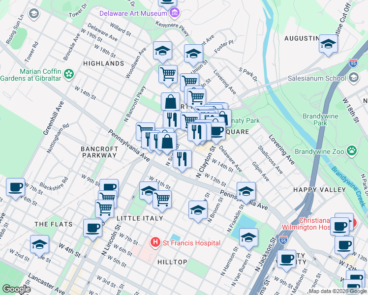 map of restaurants, bars, coffee shops, grocery stores, and more near 1313 North Dupont Street in Wilmington