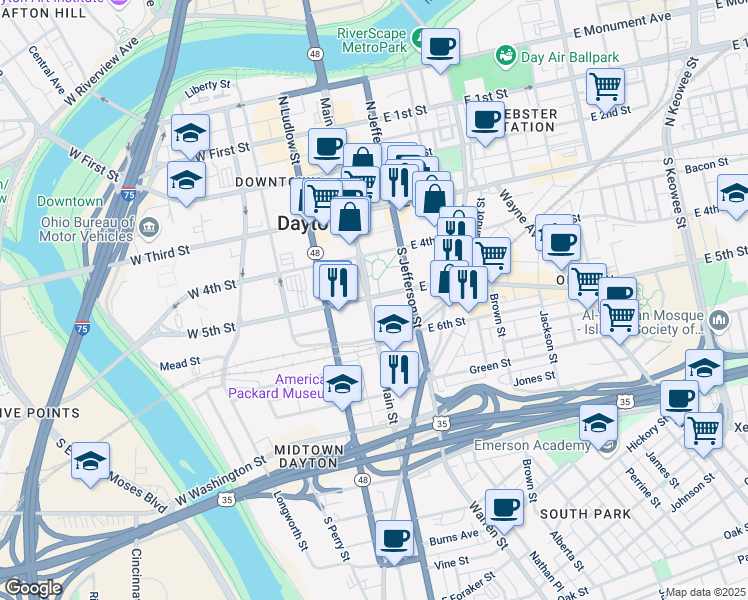 map of restaurants, bars, coffee shops, grocery stores, and more near 200-298 S Main St in Dayton