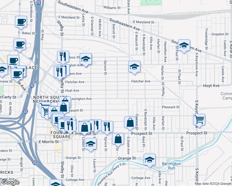 map of restaurants, bars, coffee shops, grocery stores, and more near 1521 Lexington Avenue in Indianapolis