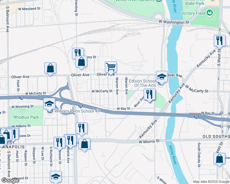 map of restaurants, bars, coffee shops, grocery stores, and more near 825 Division Street in Indianapolis