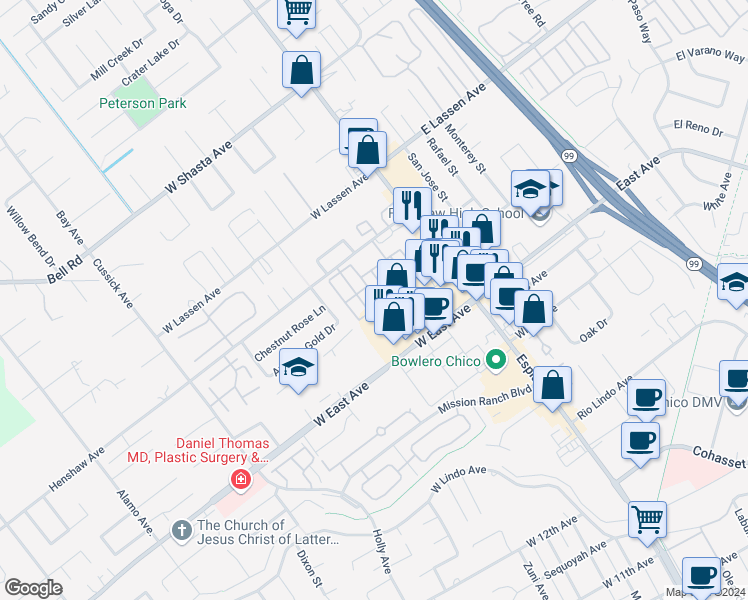 map of restaurants, bars, coffee shops, grocery stores, and more near 123 Henshaw Avenue in Chico