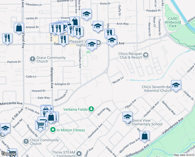 map of restaurants, bars, coffee shops, grocery stores, and more near 11 Spinnaker Way in Chico