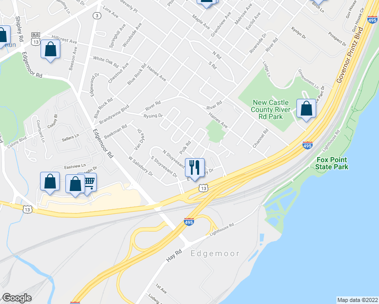 map of restaurants, bars, coffee shops, grocery stores, and more near 22 South Rodney Drive in Wilmington