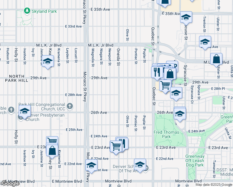 map of restaurants, bars, coffee shops, grocery stores, and more near 2801 Oneida Street in Denver