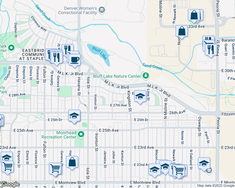 map of restaurants, bars, coffee shops, grocery stores, and more near 10833 East 28th Place in Denver