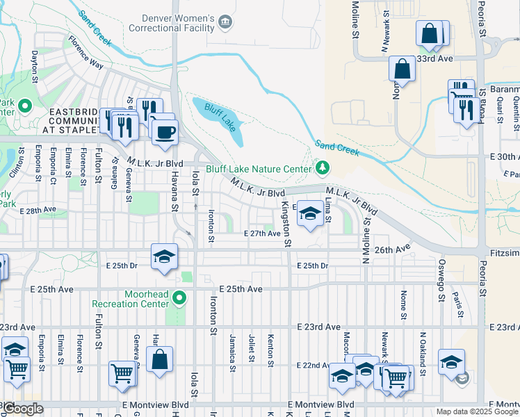 map of restaurants, bars, coffee shops, grocery stores, and more near 10893 East 28th Place in Denver